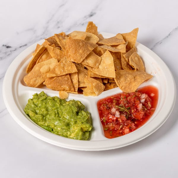 A white segmented plate filled with crispy tortilla chips, guacamole, and fresh salsa.