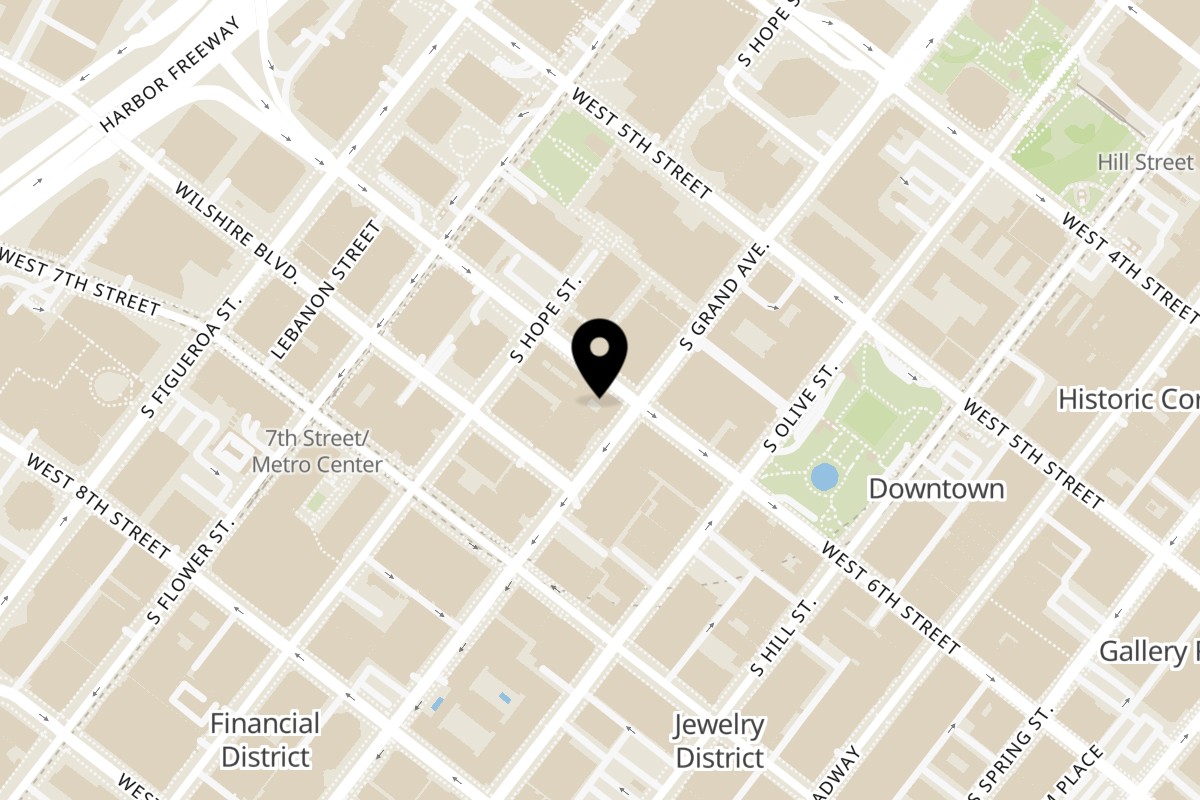 Map showing the location of Pinches Tacos Downtown LA on 610 W 6th St in Los Angeles