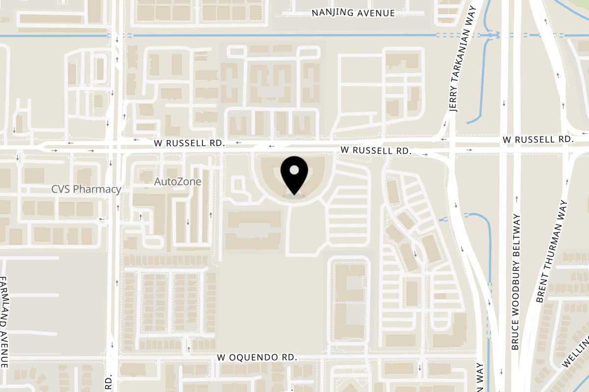 Map showing the location of Pinches Tacos Las Vegas on 9205 W Russell Rd in Las Vegas